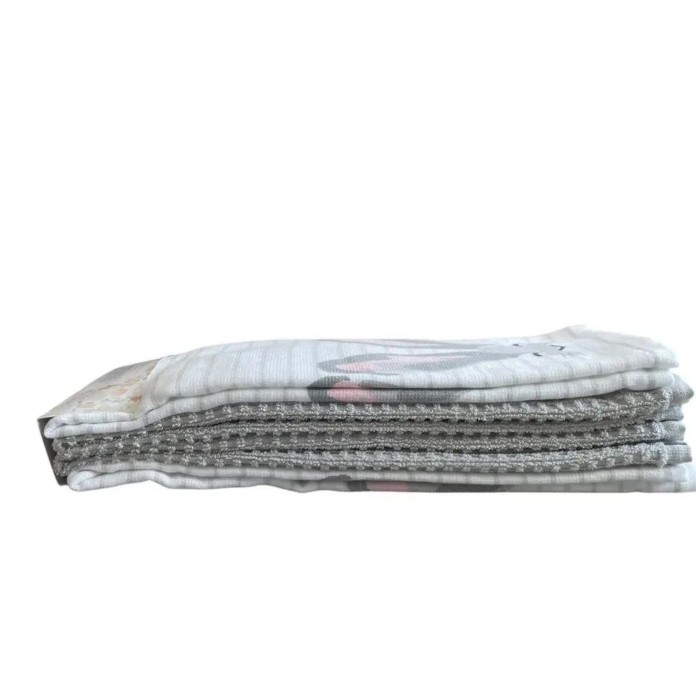 La Cuisine EASTER Bunny Cotton Kitchen Towels Set of 4 Gray & White Stripe New